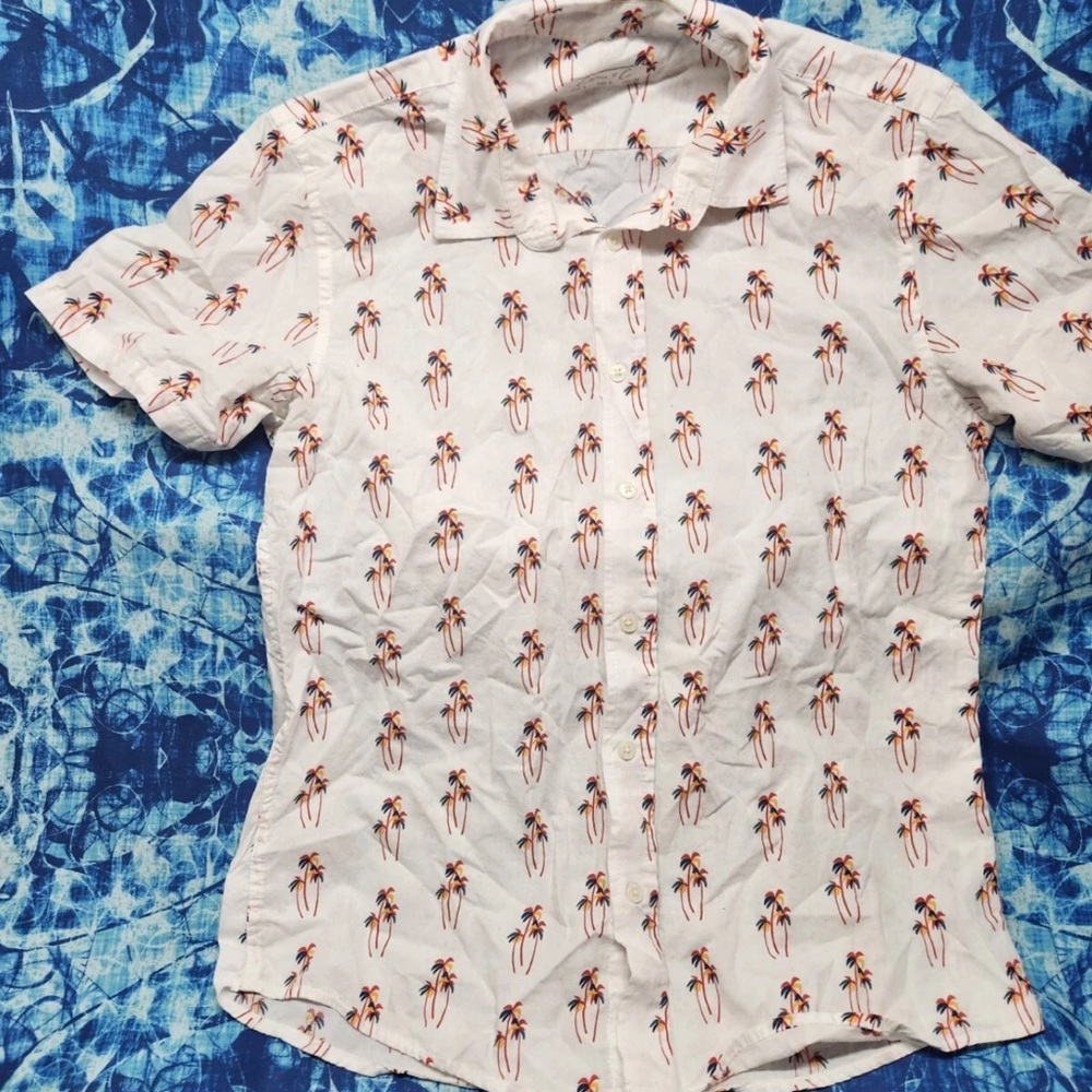 Cotton & Co Mens Tropical  Palm Tree White Button Up Shirt Size Small